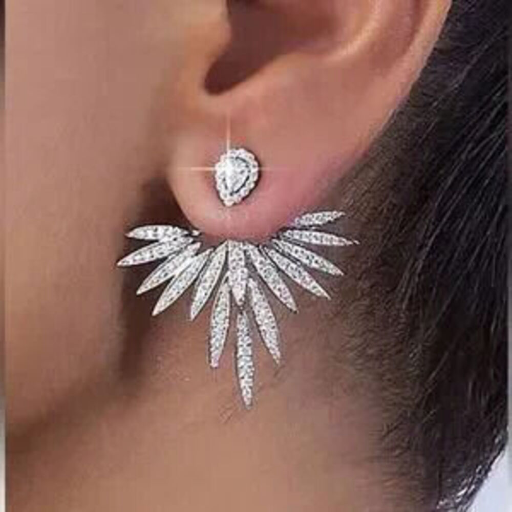 Luxury Feather Wing Crystal Stud Earrings Silver Gift Minimalist